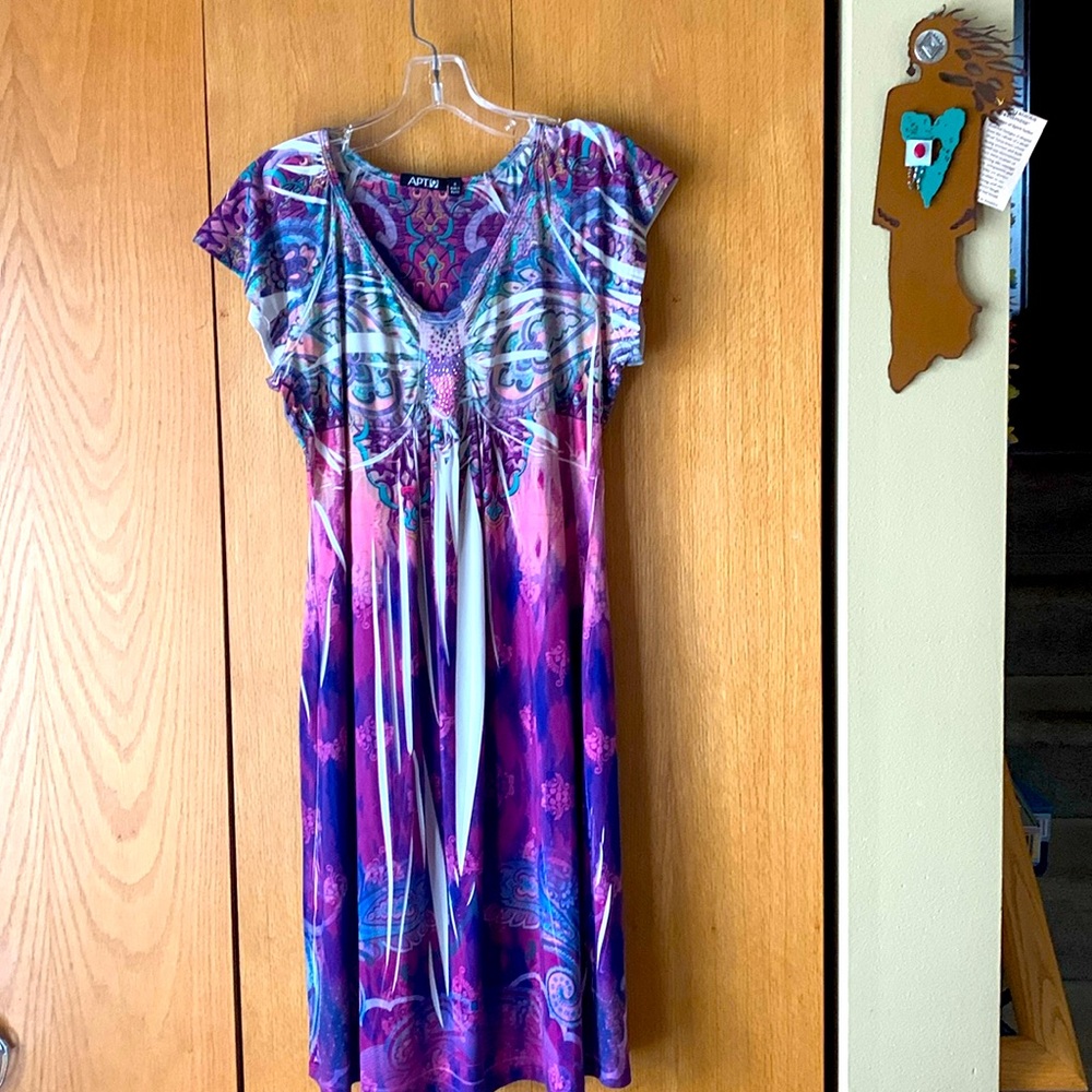 Apt. 9 M Y2K Silky sublimated pastel dress embellished geometric pink purple EUC